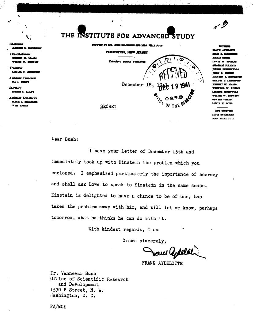 Memo on efforts to get information from Albert Einstein to aid the development of the atomic weapon