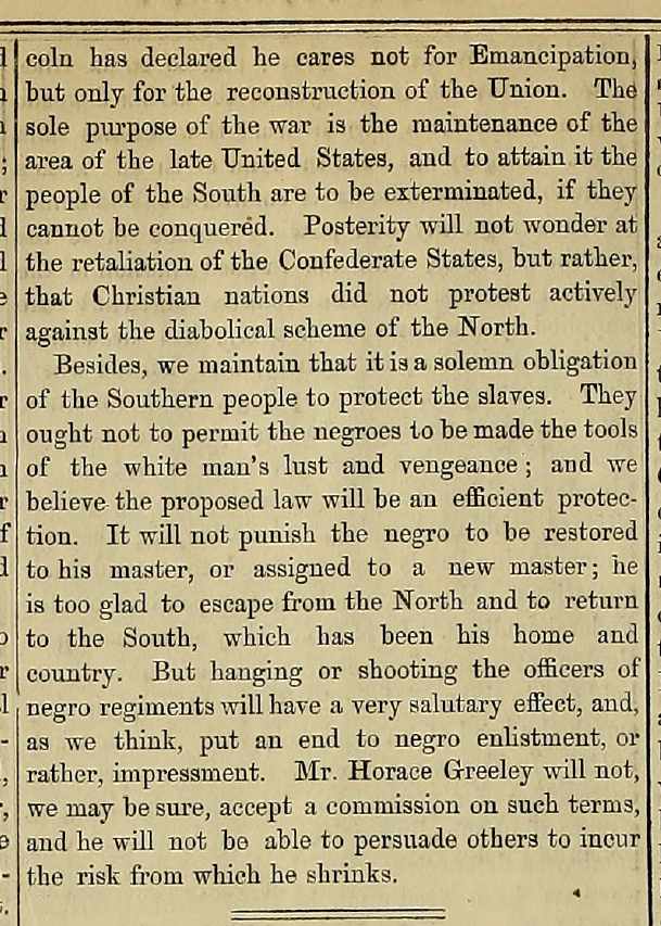 Opinion piece on what the Confederate reaction should be to the Union using African-American troops appearing in the September 11, 1862 issue of The Index Column 2