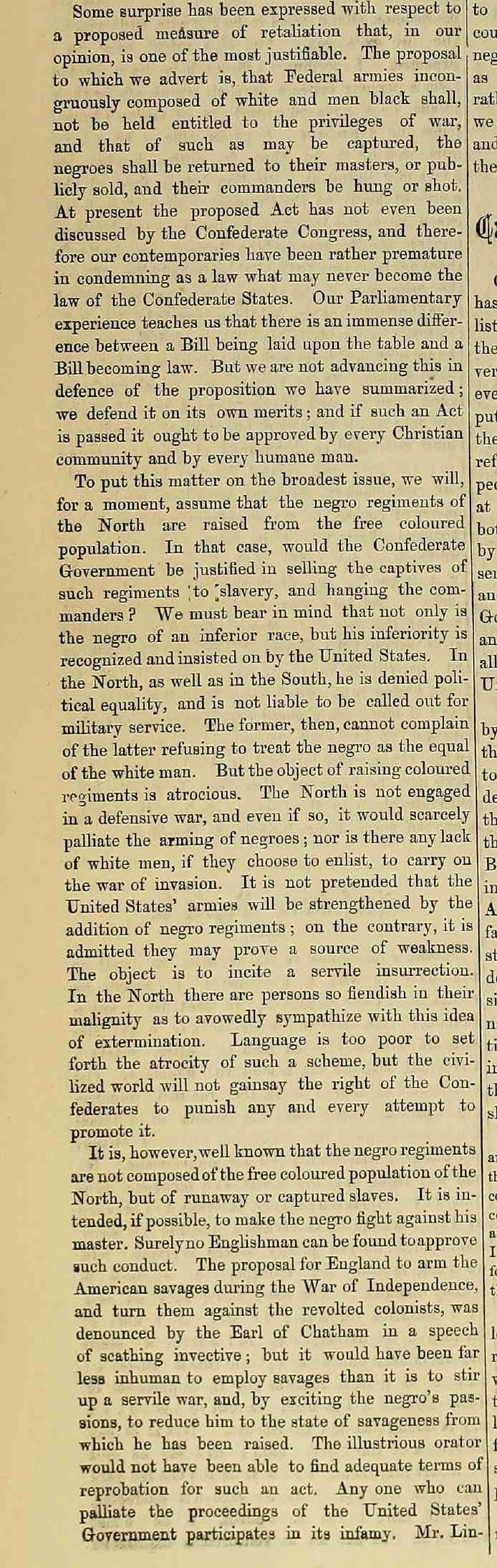 Opinion piece on what the Confederate reaction should be to the Union using African-American troops printed in the September 11, 1862 issue of The Index Column 1