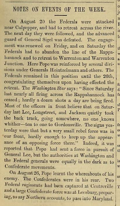 Report on Union General John Pope's campaign from the September 11, 1862 issue of The Index