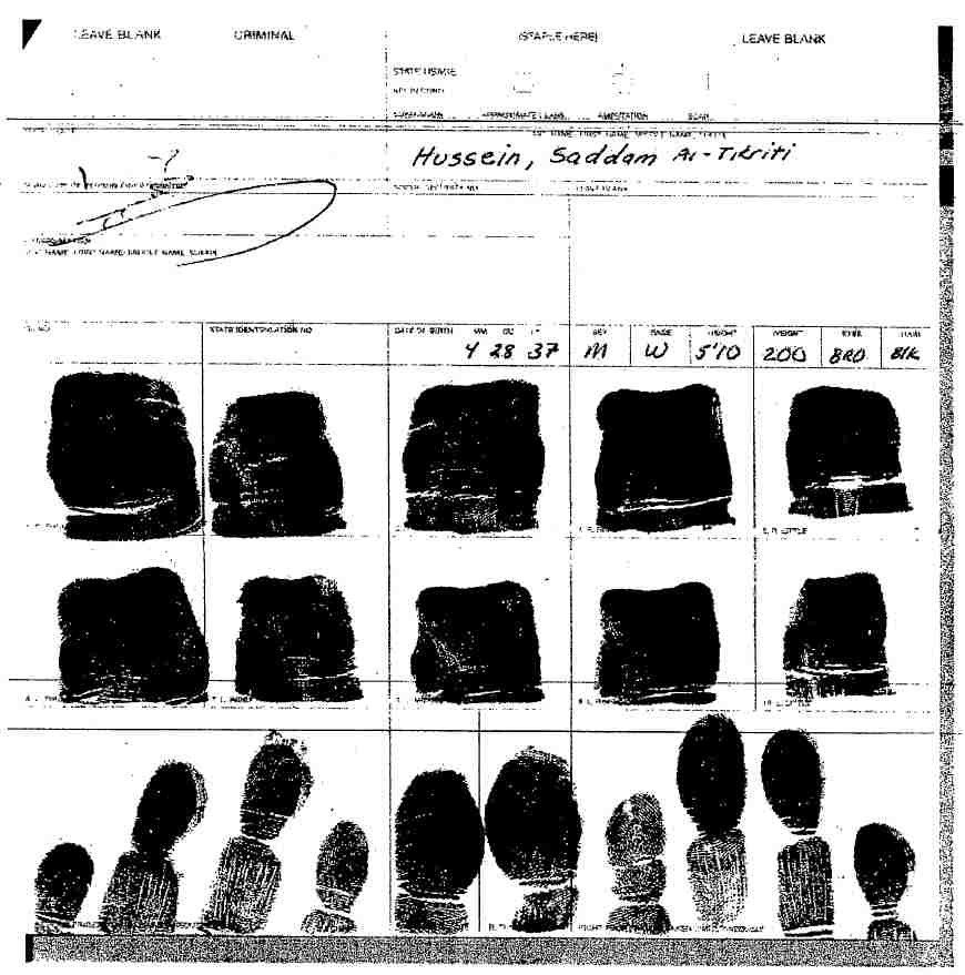 Saddam Hussein FBI fingerprint card