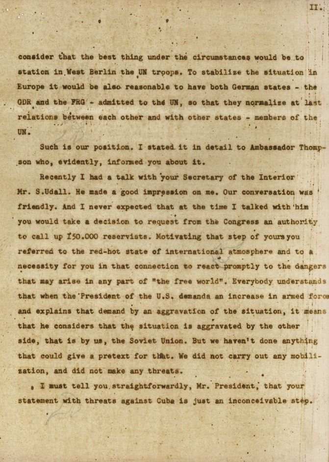 September 1962 Letter from Premier Khrushchev to President Kennedy