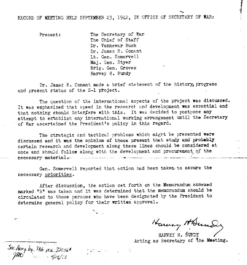 September 23, 1942 record of a War Department meeting establishing the ground work for the Manhattan Project