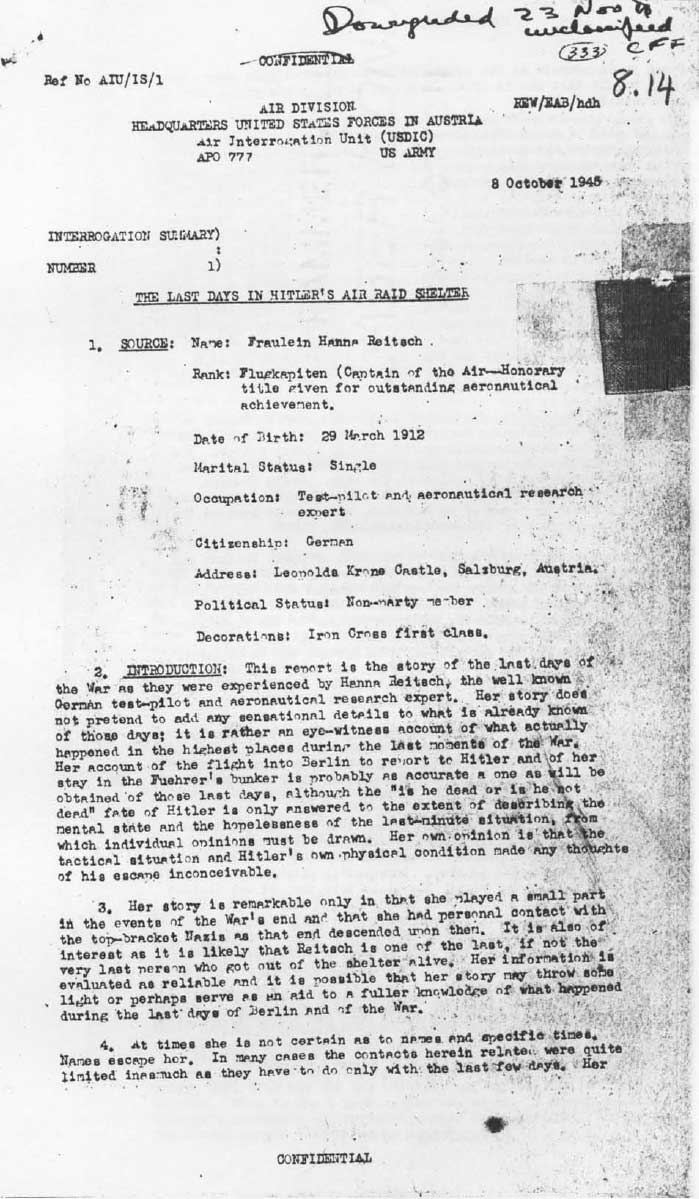 "The Last Days in Hitler's Air Raid Shelter" Hanna Reitsch Interrogation