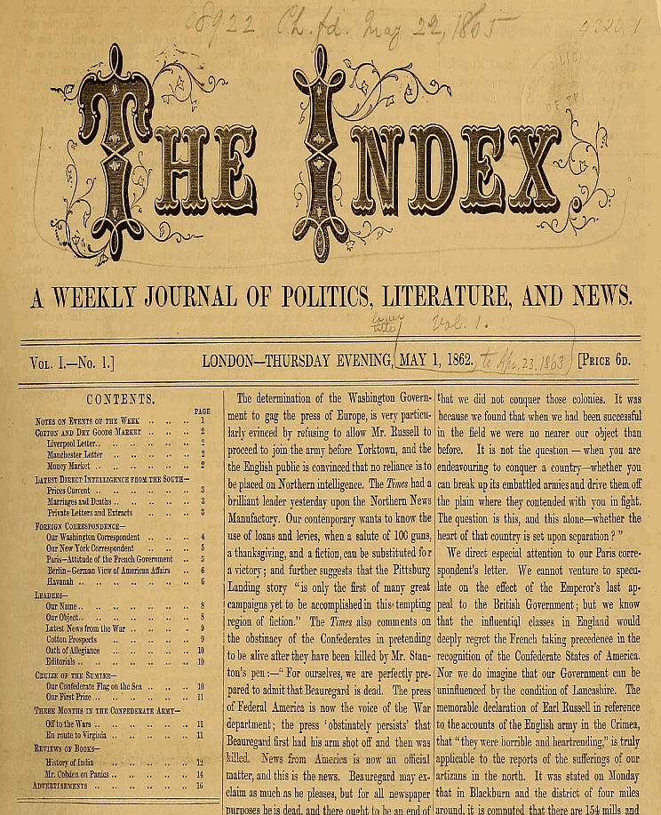 The nameplate of the first issue of The Index May 1, 1862