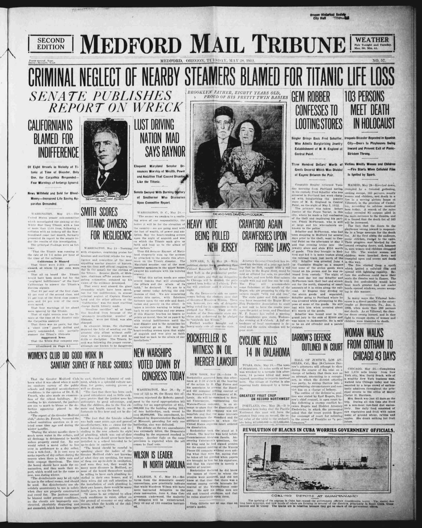Titanic Newpaper Front Page 1912-05-28 Medford Mail Tribune, May 28, 1912, SECOND EDITION, Page 1