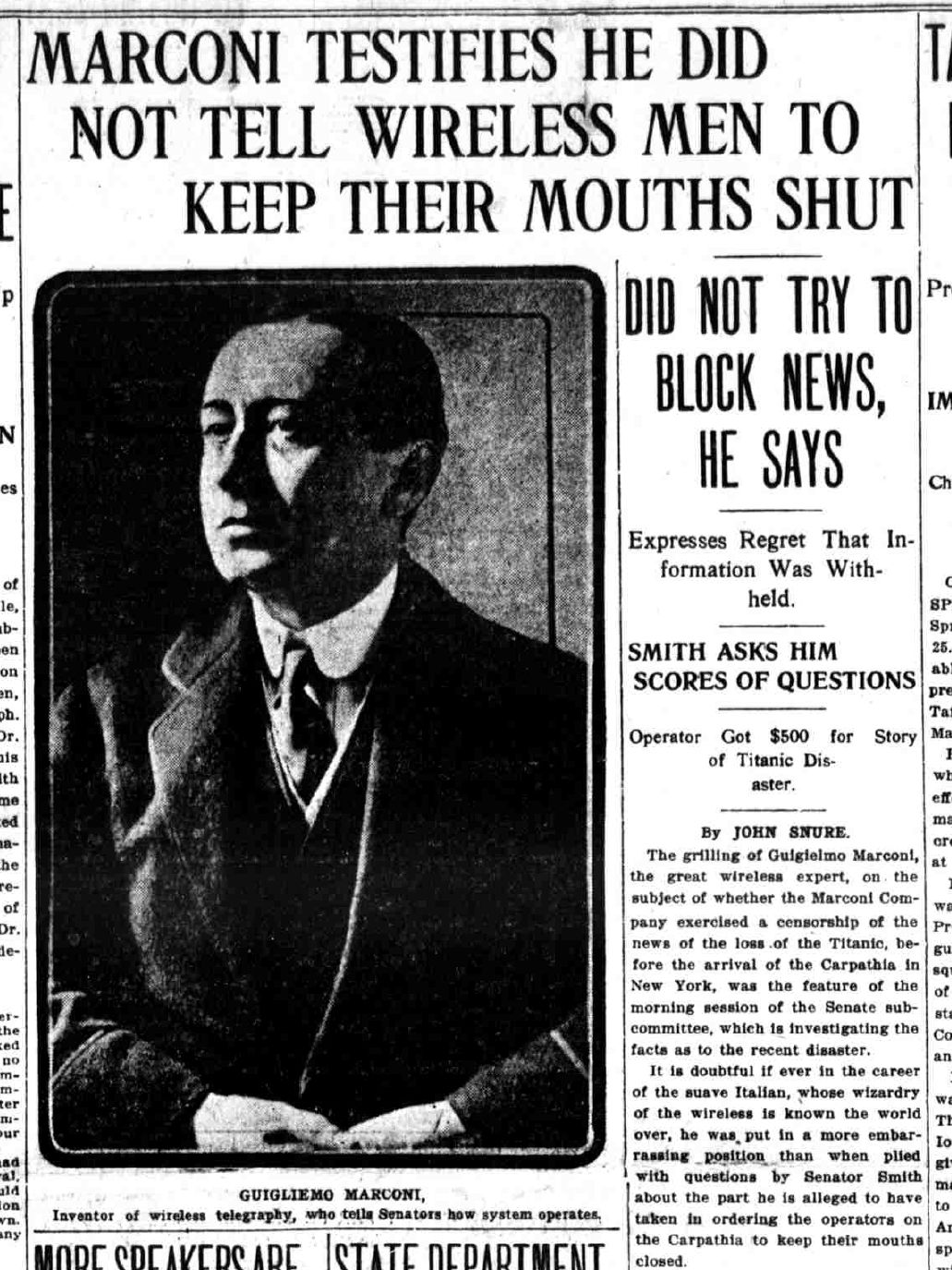 Titanic Newspaper Article 1912-04-25 The Washington Times, April 25, 1912, LAST EDITION, Page 1
