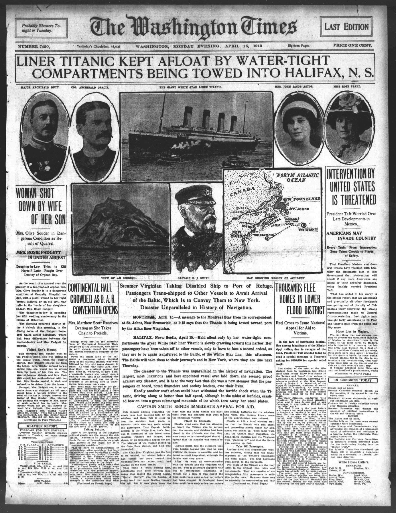 Titanic Newspaper Front Page 1912-04-15 The Washington Times, April 15, 1912, LAST EDITION, Page 1