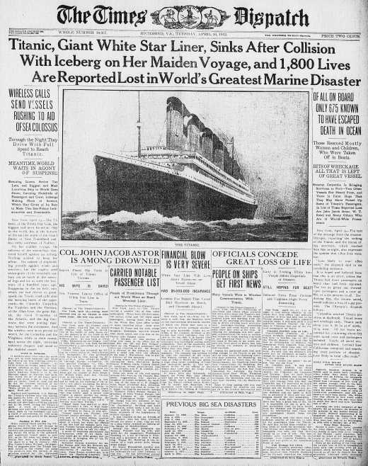 Titanic Newspaper Front Page 1912-04-16 The Times Dispatch (Richmond, VA), April 16, 1912, Page 1
