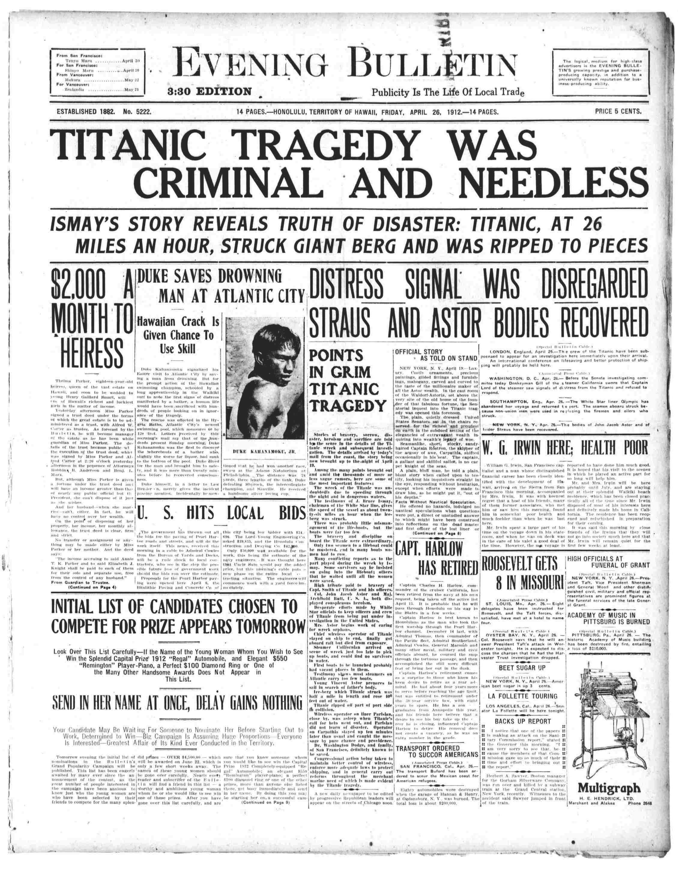 Titanic Newspaper Front Page 1912-04-26 Evening Bulletin (Honolulu, HI), April 26, 1912, 330 PM EDITION, Page 1.pdf