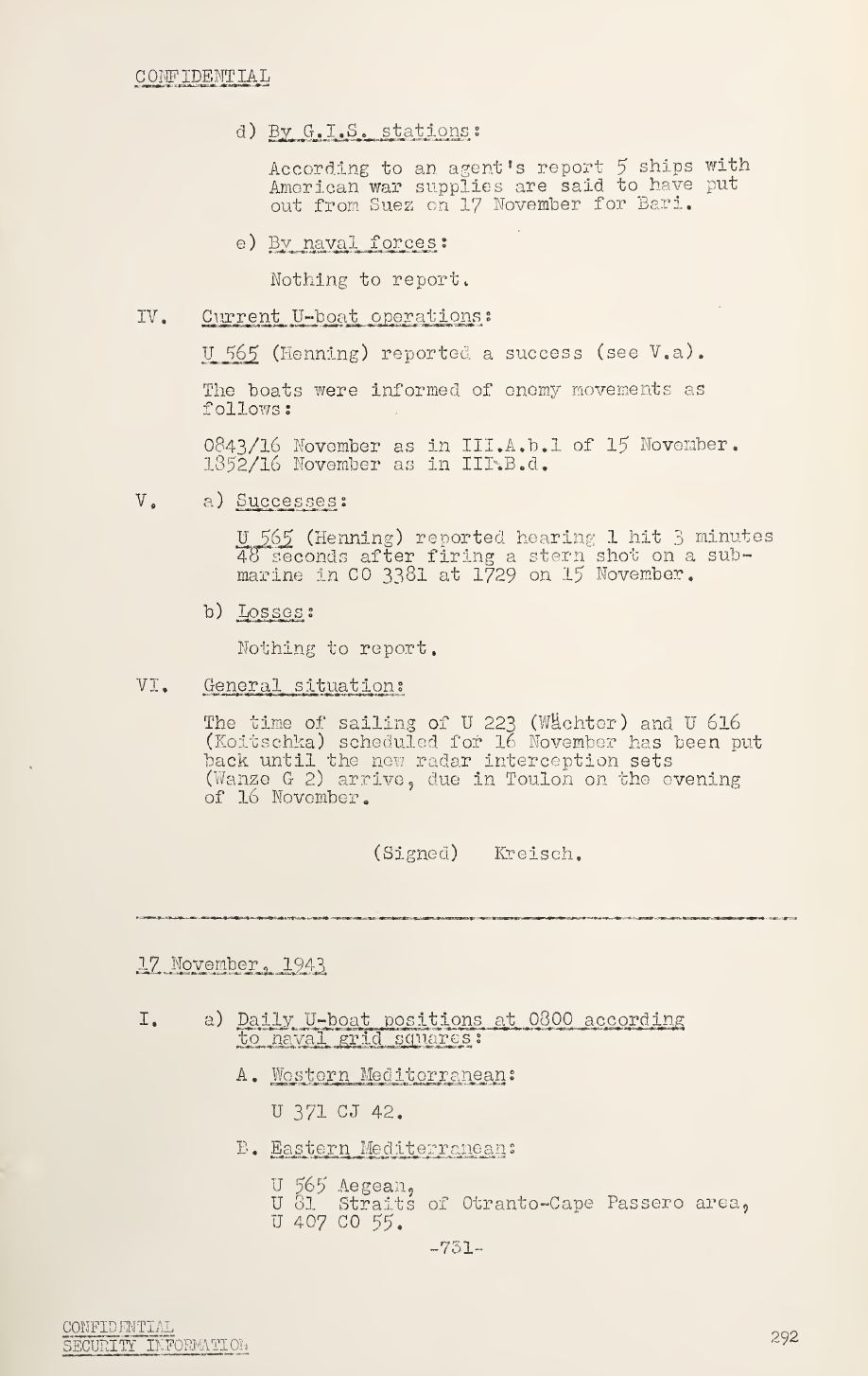 War Diary of Captain U-Boats Sample Entry 8