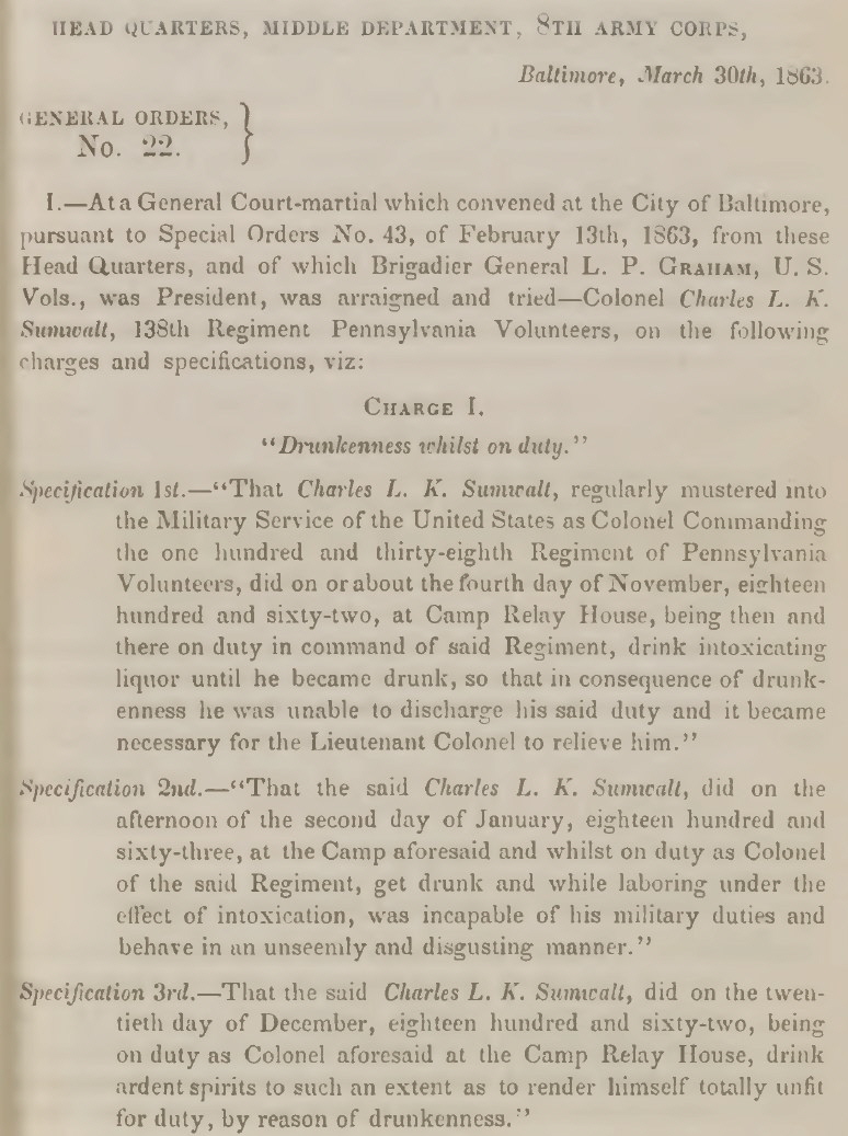 Civil War court martial document trial of Colonel Charles L. K. Sumwalt