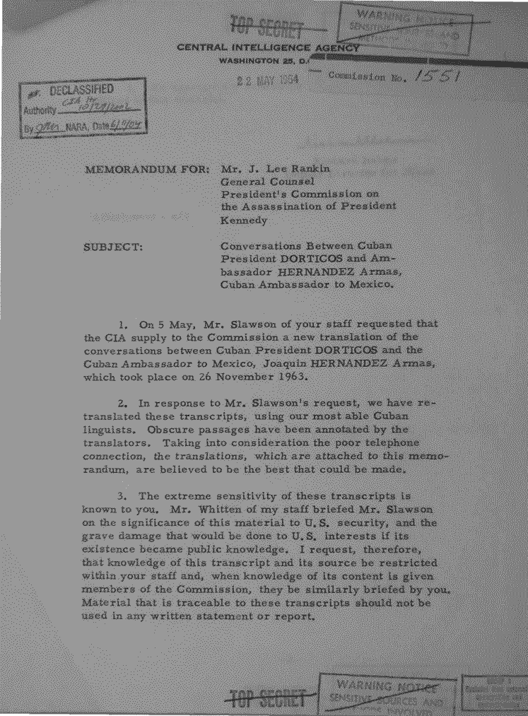 JFK-CIA-Report-Conversations between Cuban President Dorticos and Ambassador Hernandez Armas, Cuban Ambassador to Mexico